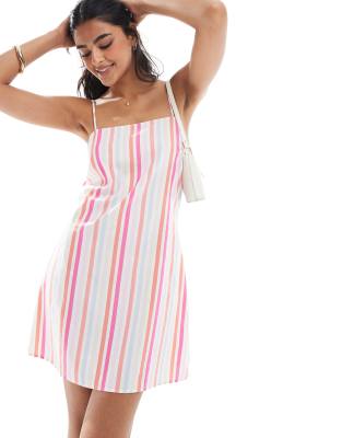 Asos Design Low Back Tie Detail Mini Dress In Stripe-multi