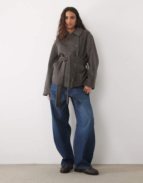 ASOS DESIGN low belt short trench coat with wool in gray brown - view 1
