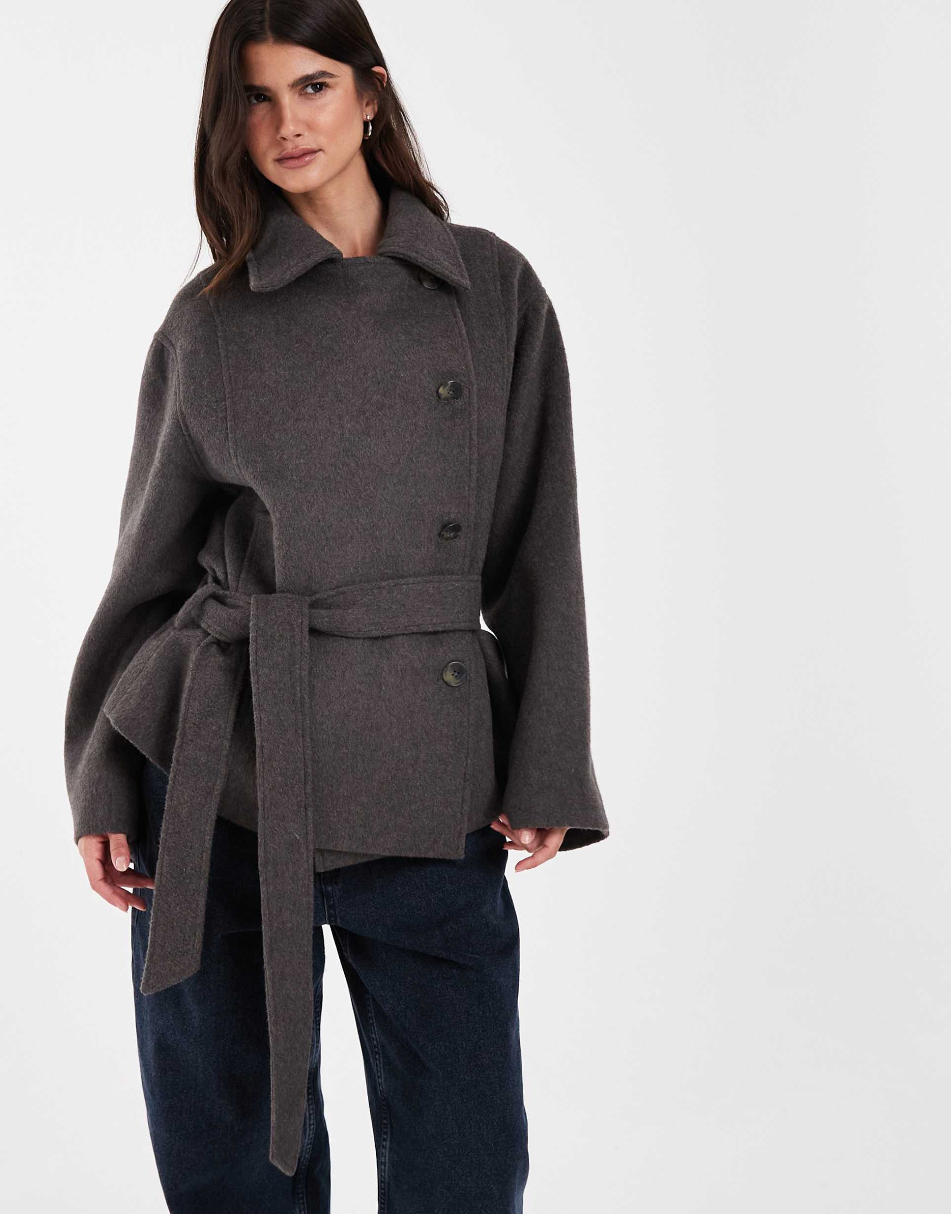 ASOS DESIGN low belt short trench coat with wool in mocha