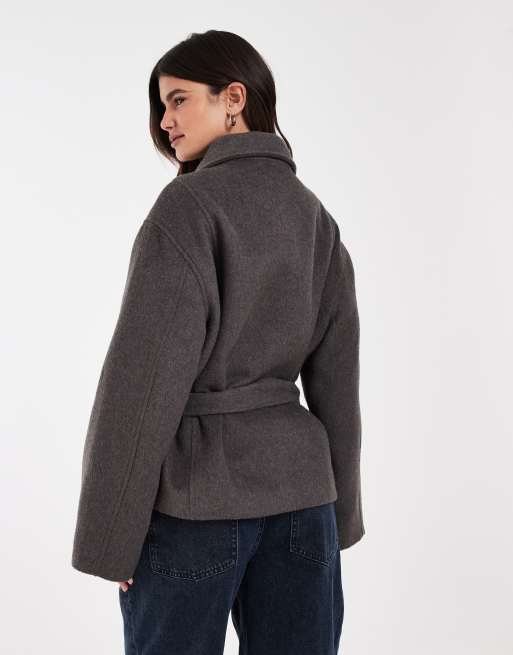 ASOS DESIGN low belt short trench coat with wool in mocha, 4 of 4