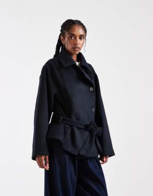 Asos Design Low Belt Short Trench Coat With Wool In Blue