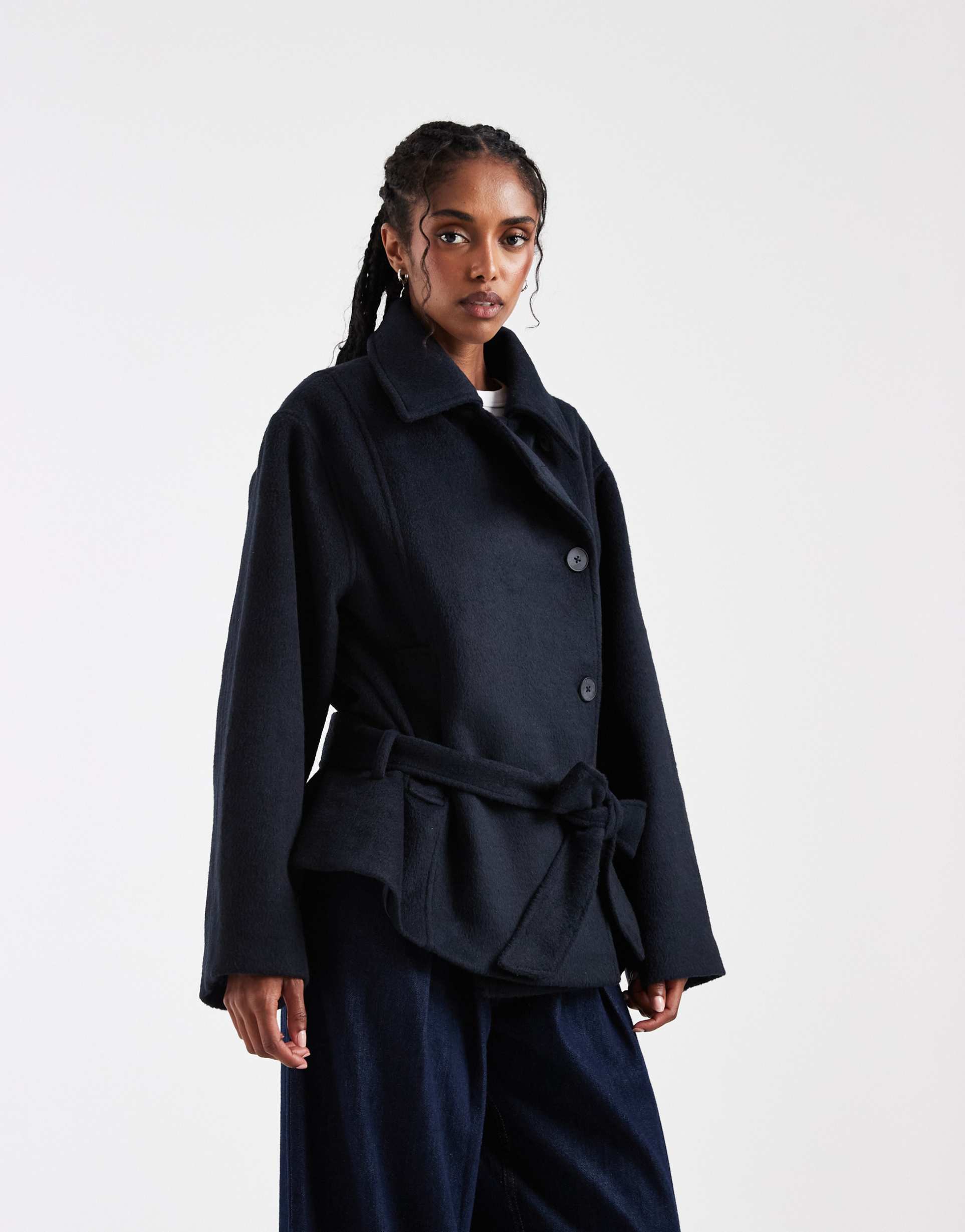 ASOS DESIGN low belt short trench coat with wool in navy