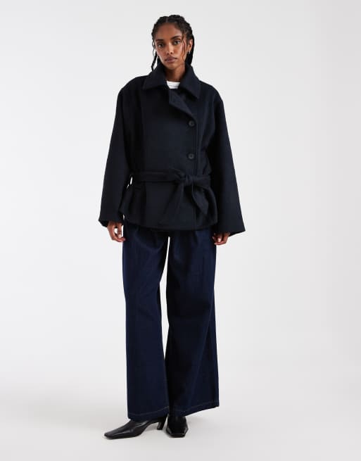 ASOS DESIGN low belt short trench coat with wool in navy, 2 of 4