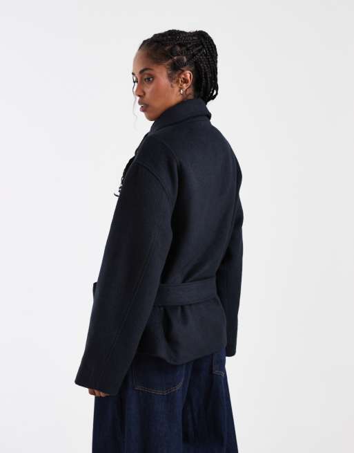 ASOS DESIGN low belt short trench coat with wool in navy, 3 of 4