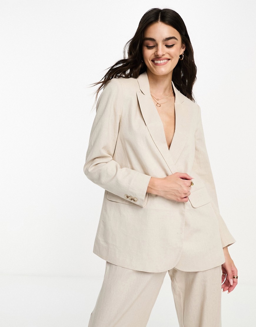ASOS DESIGN low break double breasted suit blazer in natural-Neutral