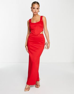 ASOS DESIGN low hip corset cut out maxi dress in red