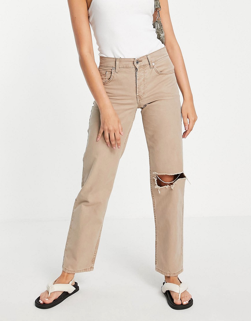 ASOS DESIGN low rise 90s straight leg pant with knee rip in stone-Neutral