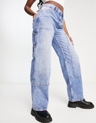 ASOS DESIGN low rise baggy boyfriend jeans with knee patches in mid blue | ASOS