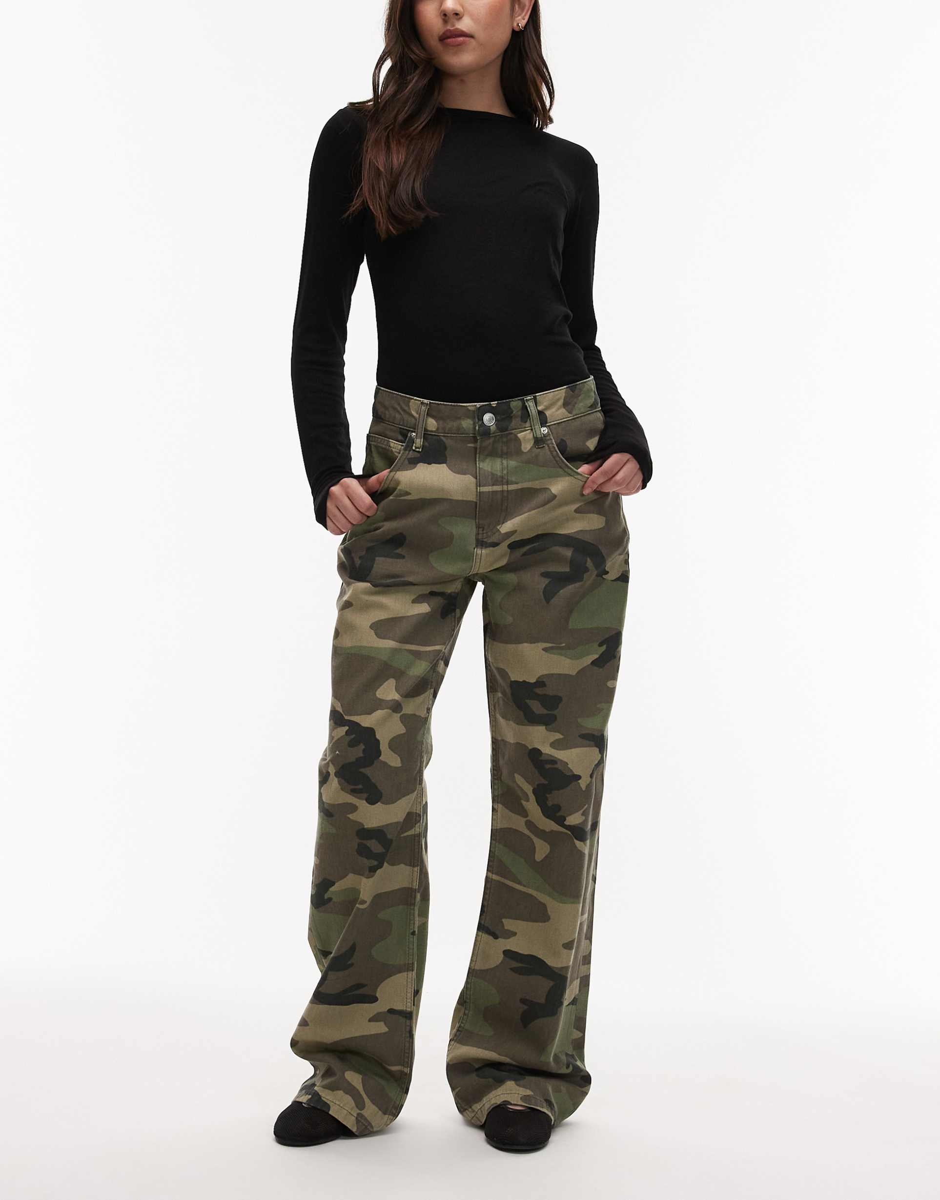 asos design low rise baggy jeans in camo print