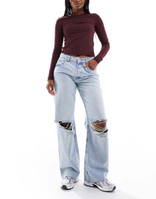 Asos Design Low Rise Baggy Jeans With Rips In Blue