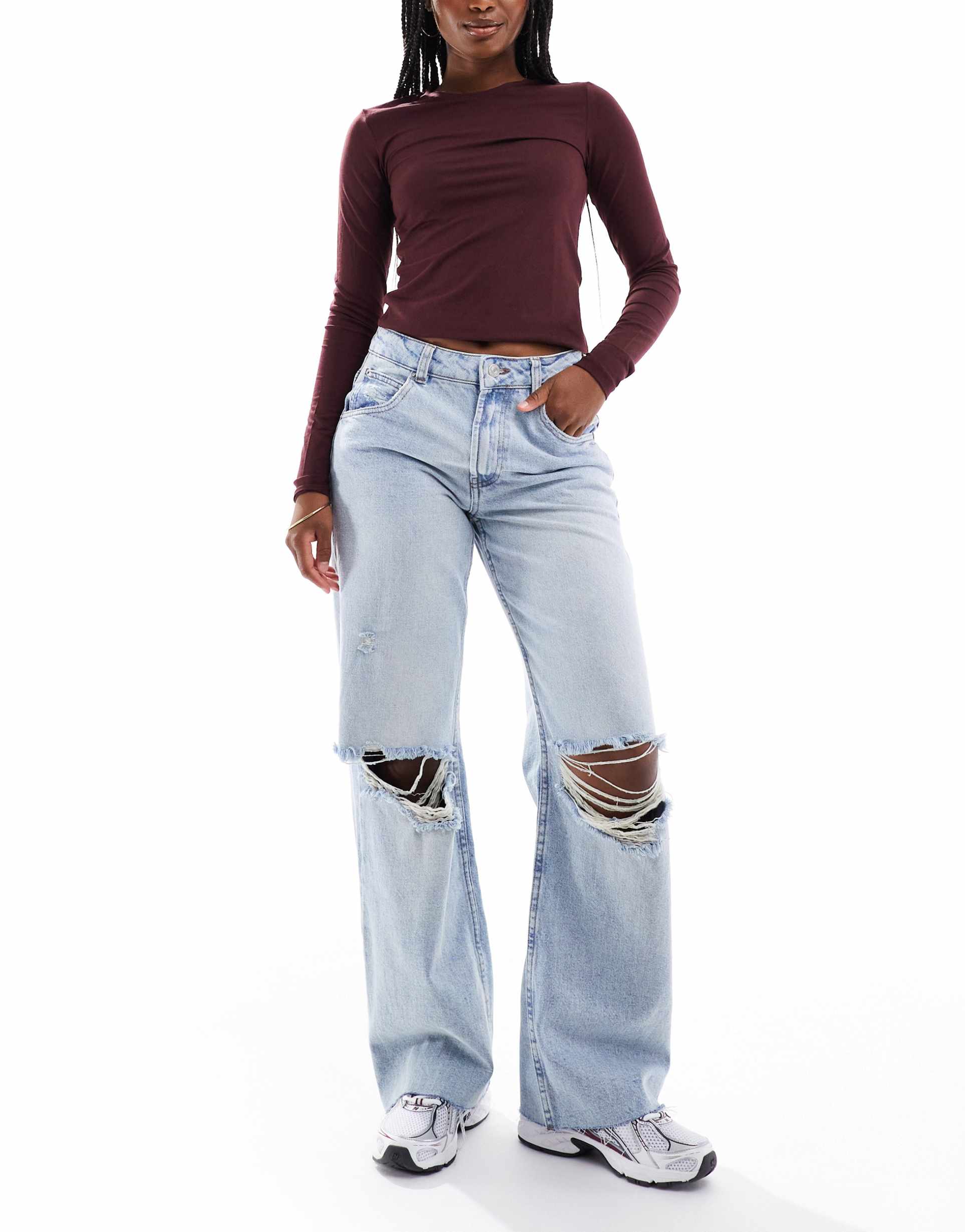 asos design low rise baggy jeans with rips in vintage wash