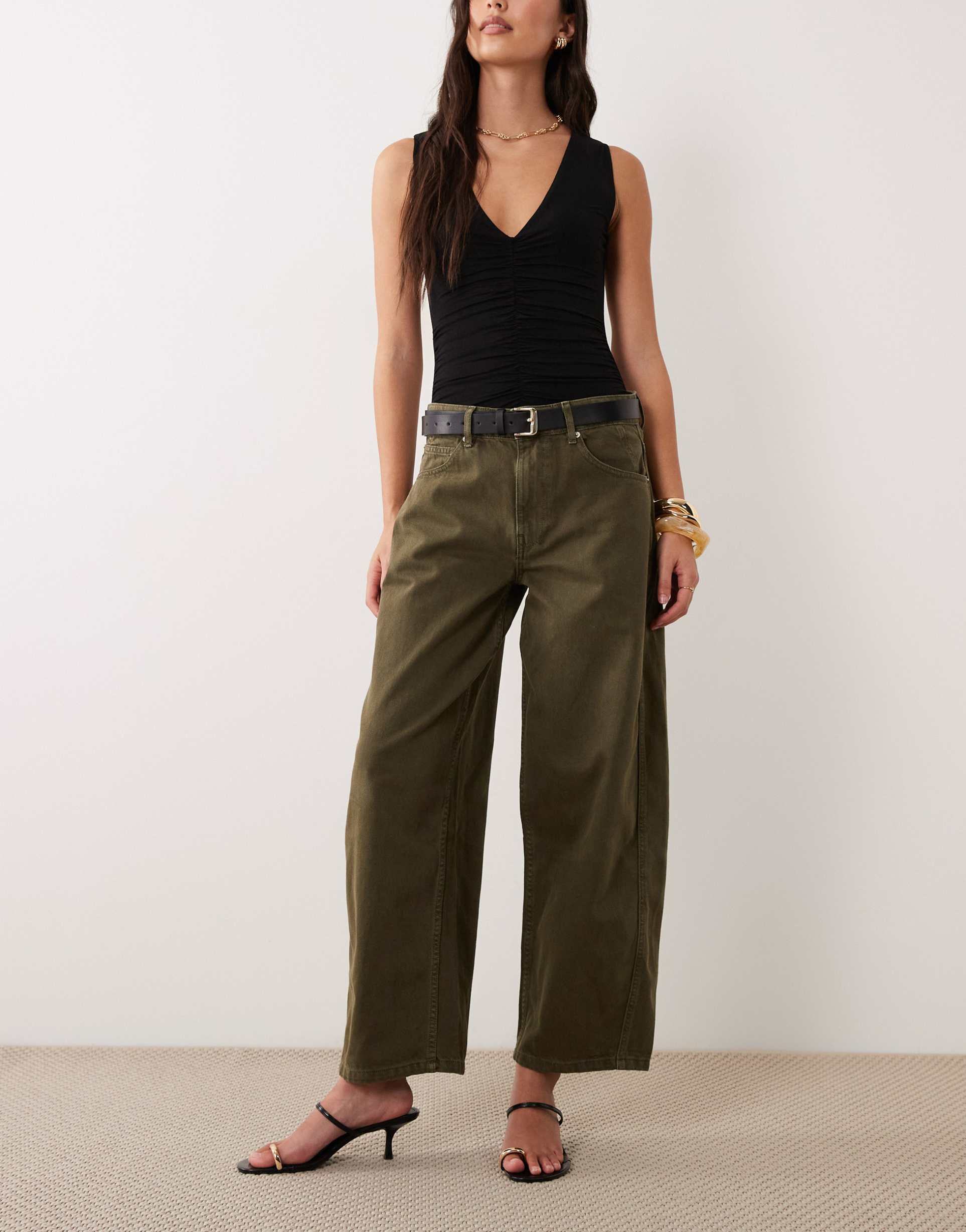 asos design low rise barrel jeans in khaki
