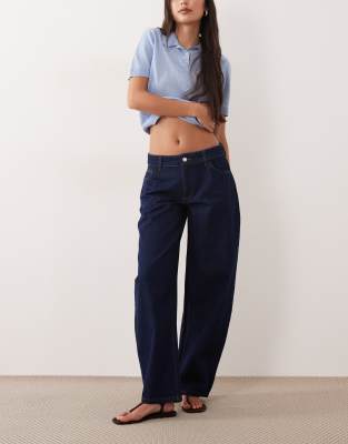 Asos Design Low Rise Barrel Leg Jeans In Blue