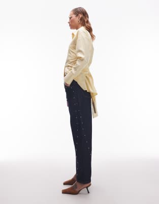 Asos Design Low Rise Barrel Leg Studded Jeans In Blue