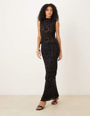 ASOS DESIGN low rise column burnout flocked mesh skirt in black