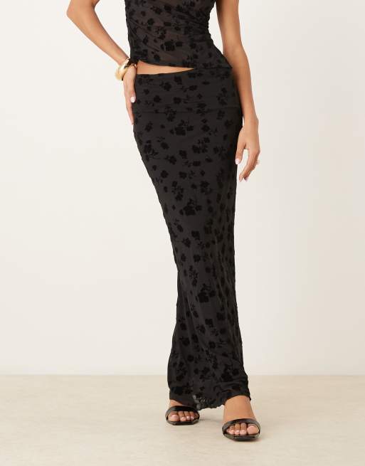 ASOS DESIGN low rise column burnout flocked mesh skirt in black
