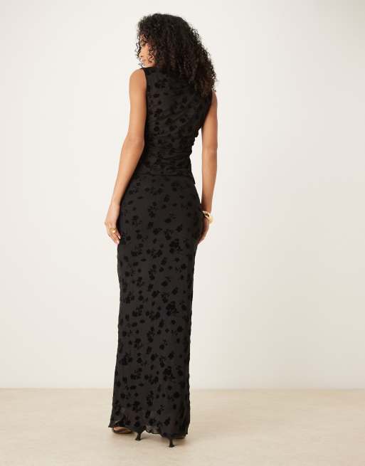 ASOS DESIGN low rise column burnout flocked mesh skirt in black