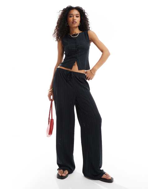 ASOS DESIGN low rise eyelet wide leg pants in black - part of a set - view 1
