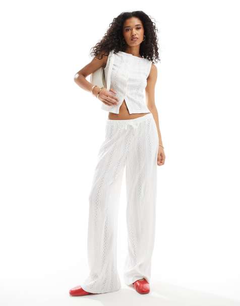ASOS DESIGN low rise eyelet wide leg pants in ivory - part of a set - view 1
