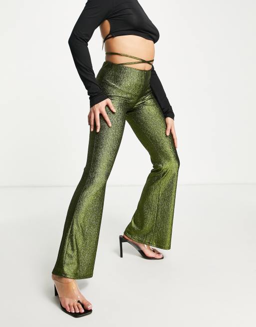 ASOS DESIGN low rise flare pant with tie waist in glitter in green 
