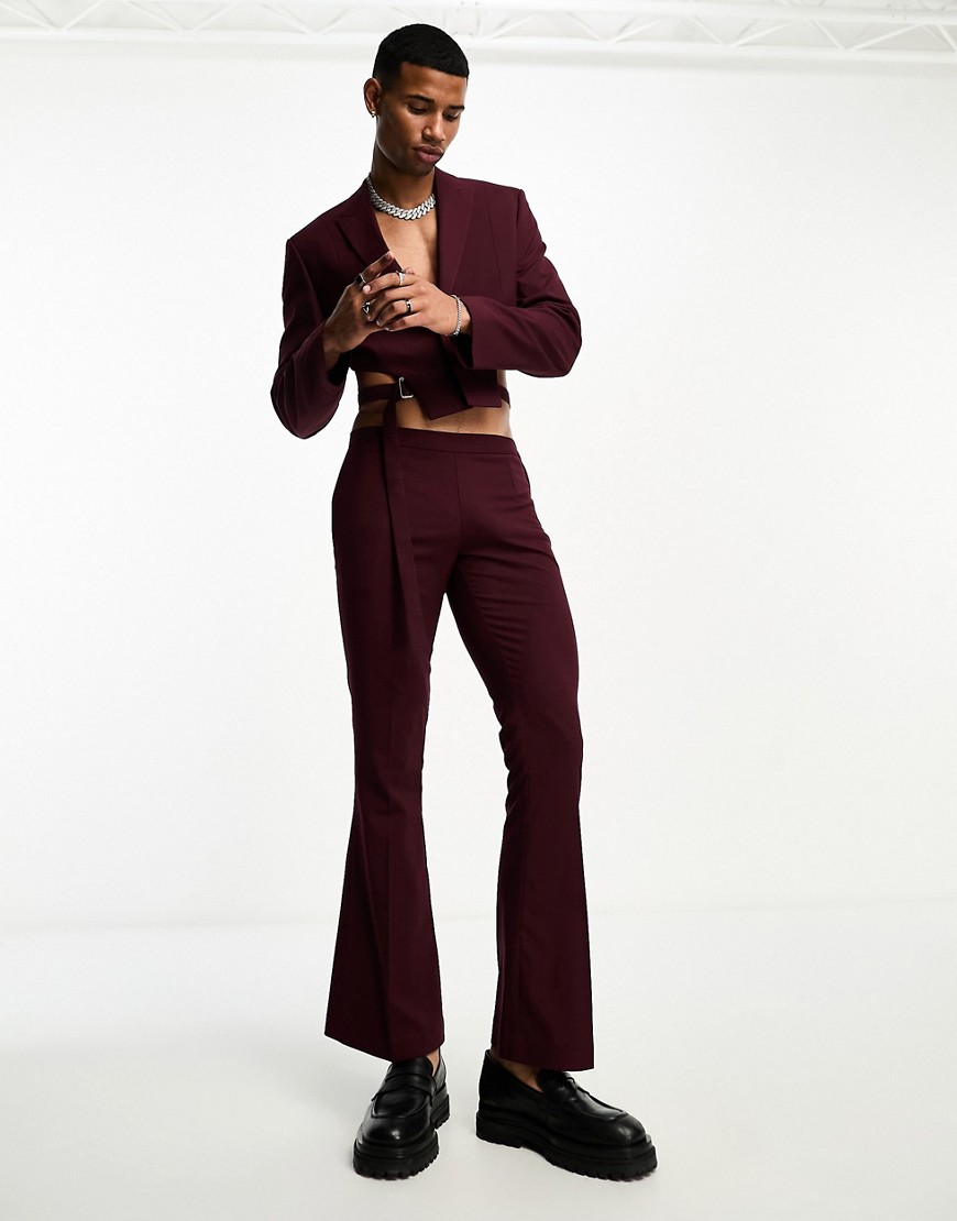ASOS DESIGN low rise flare suit trouser in burgundy-Red