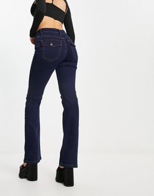 Asos Design Low Rise Flared Jeans With Western Pocket Detail In Dark Blue