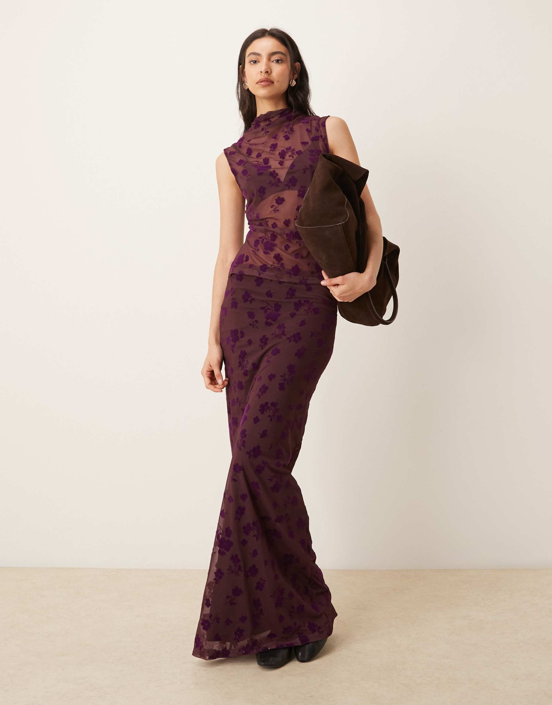 asos design low rise flocked floral maxi skirt in fig