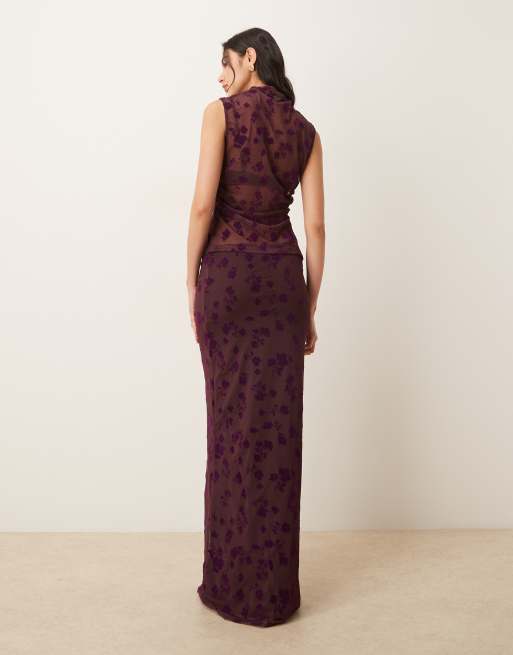 ASOS DESIGN low rise flocked floral maxi skirt in fig, 4 of 5
