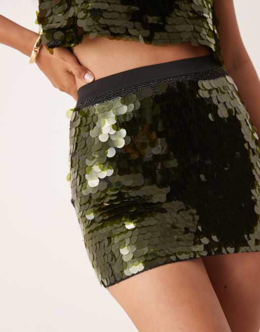ASOS DESIGN low rise large sequin disc mini skirt in forest green