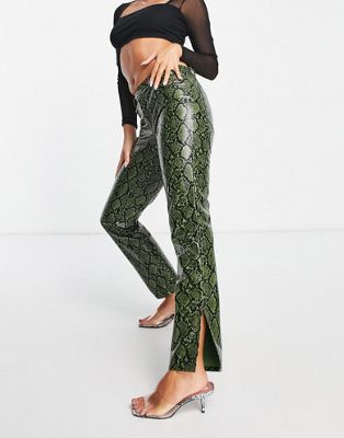 ASOS DESIGN low rise leather look straight leg trouser in green snake