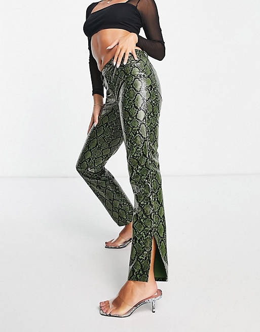 Women low rise leather look straight leg trouser in green snake 