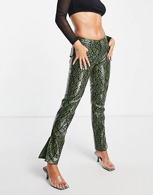 Women low rise leather look straight leg trouser in green snake 