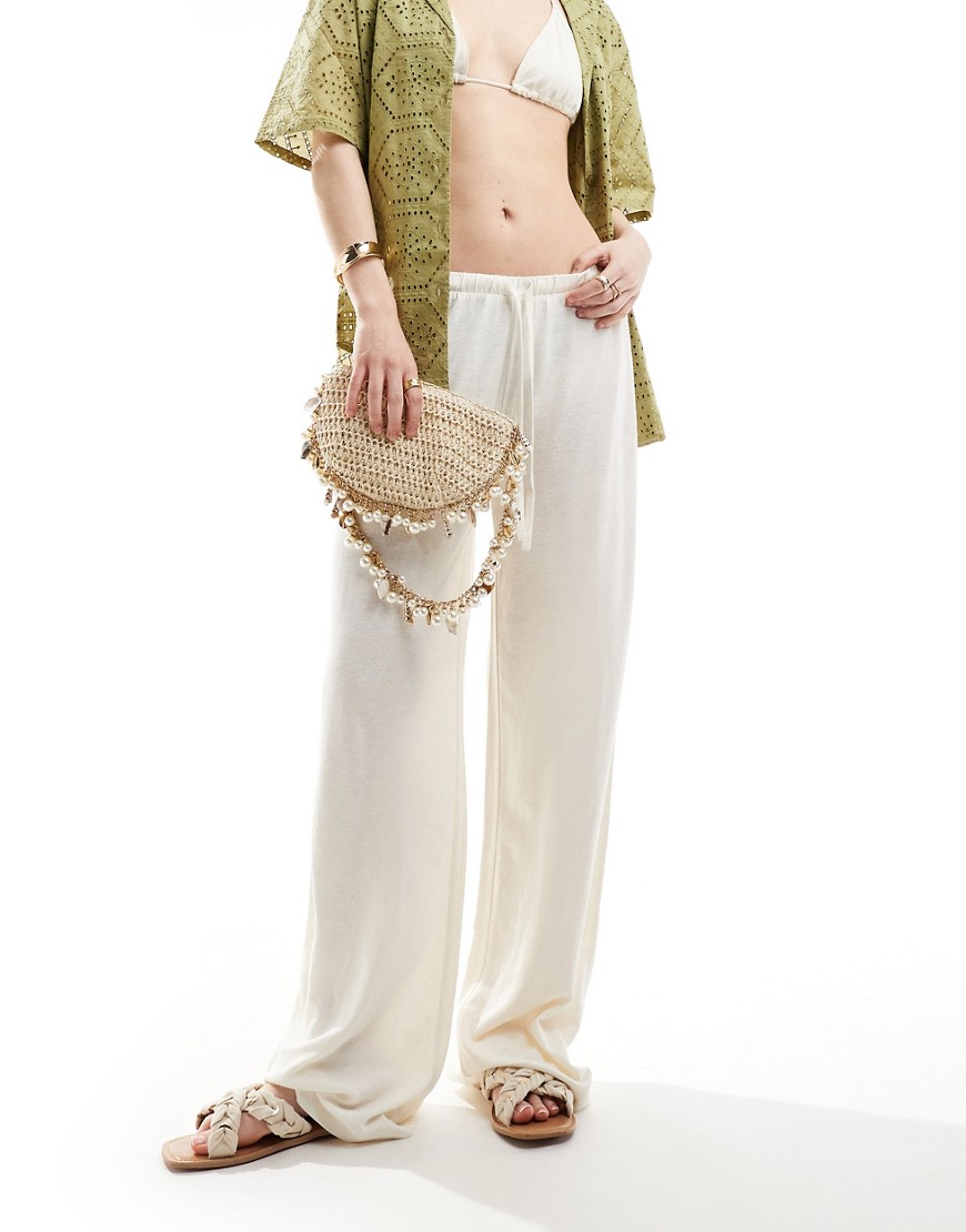 low rise linen look pants in cream-White