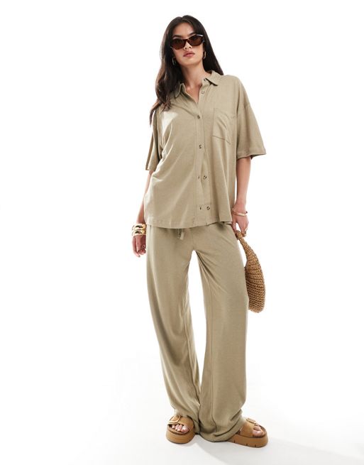  ASOS DESIGN low rise linen look trousers in taupe