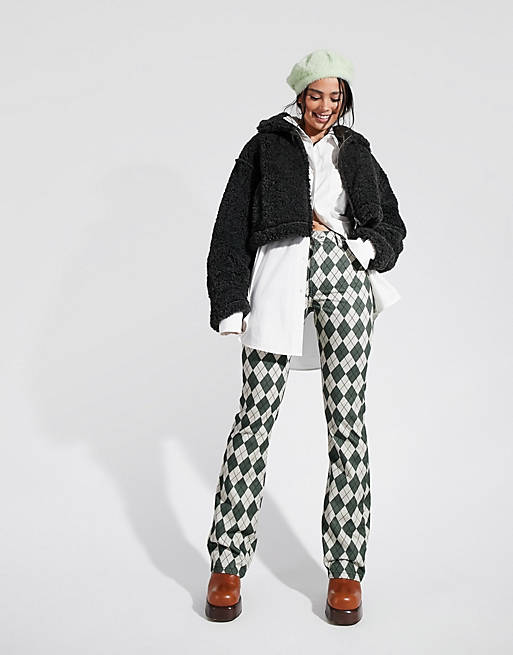  low rise longline flare trouser in forest green argyle print 