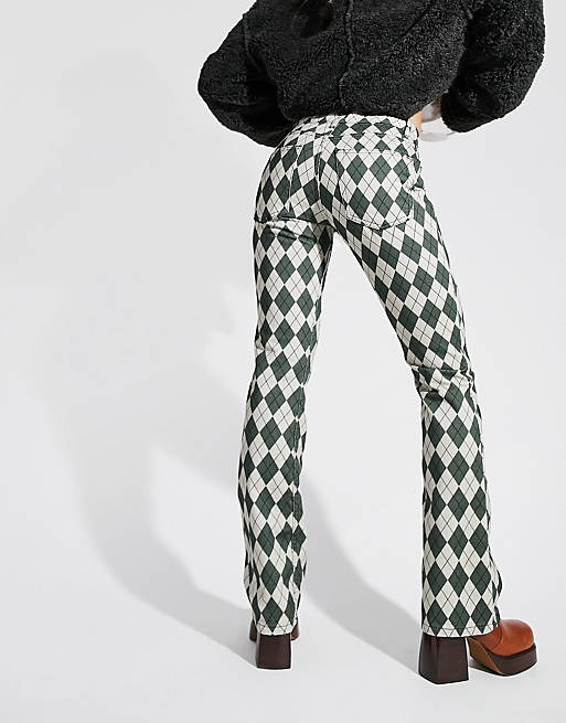  low rise longline flare trouser in forest green argyle print 