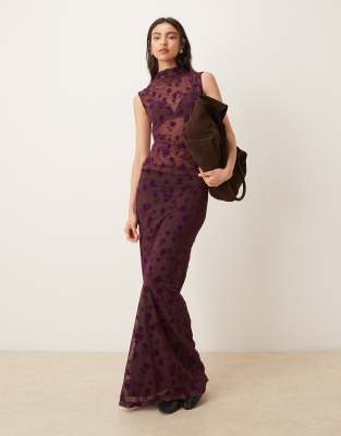 ASOS DESIGN low rise maxi flocked floral skirt in fig