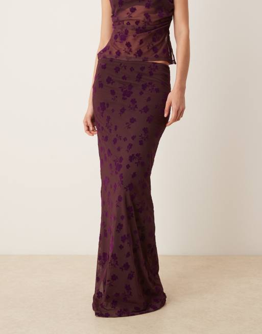 ASOS DESIGN low rise maxi flocked floral skirt in fig, 2 of 5