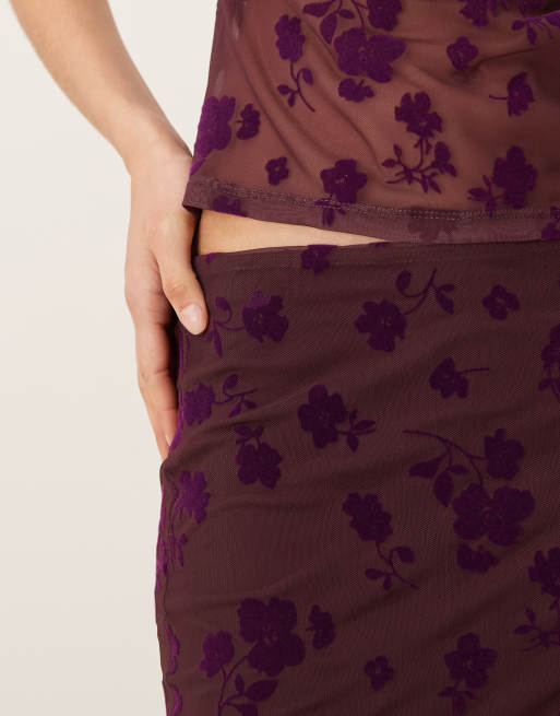 ASOS DESIGN low rise maxi flocked floral skirt in fig, 3 of 5