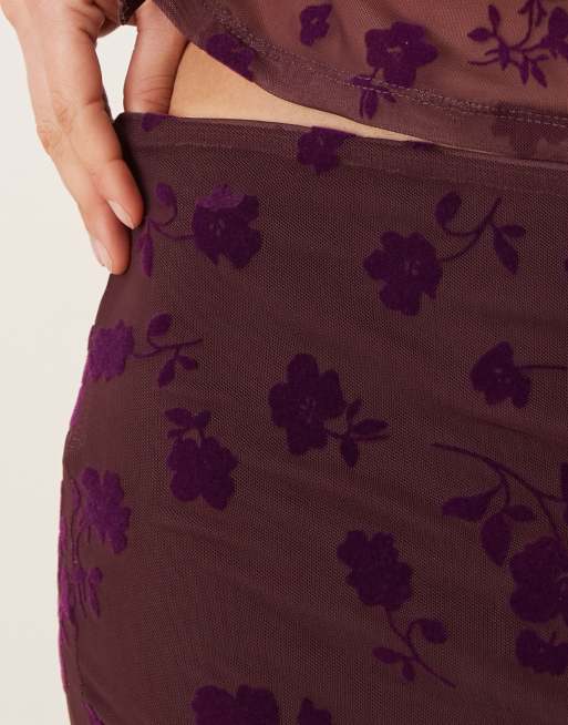 ASOS DESIGN low rise maxi flocked floral skirt in fig, 5 of 5