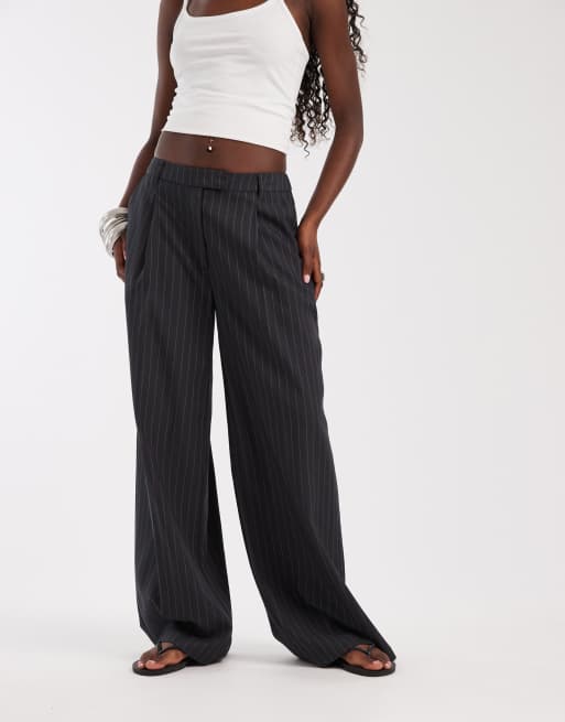ASOS DESIGN low rise mensy trousers in charcoal pinstripe, 2 of 5