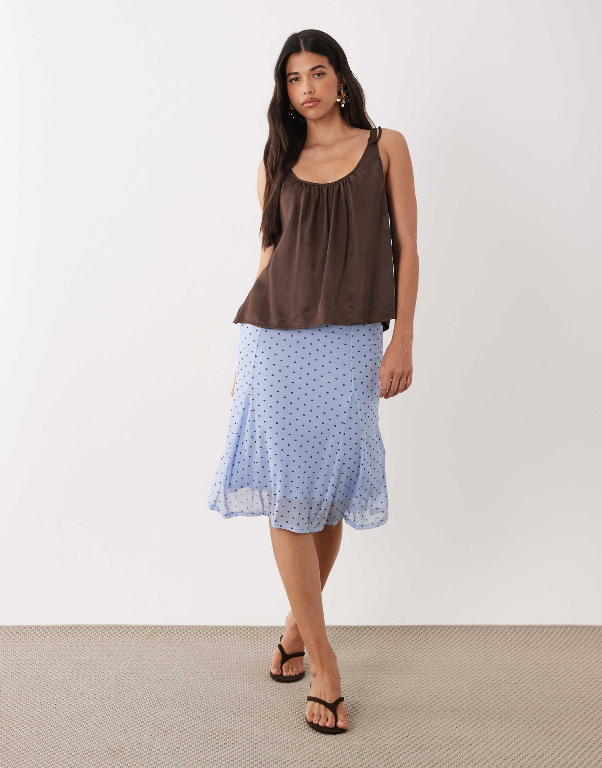 asos design low rise mesh midi pencil skirt with godets in blue polka dot print -part of a set