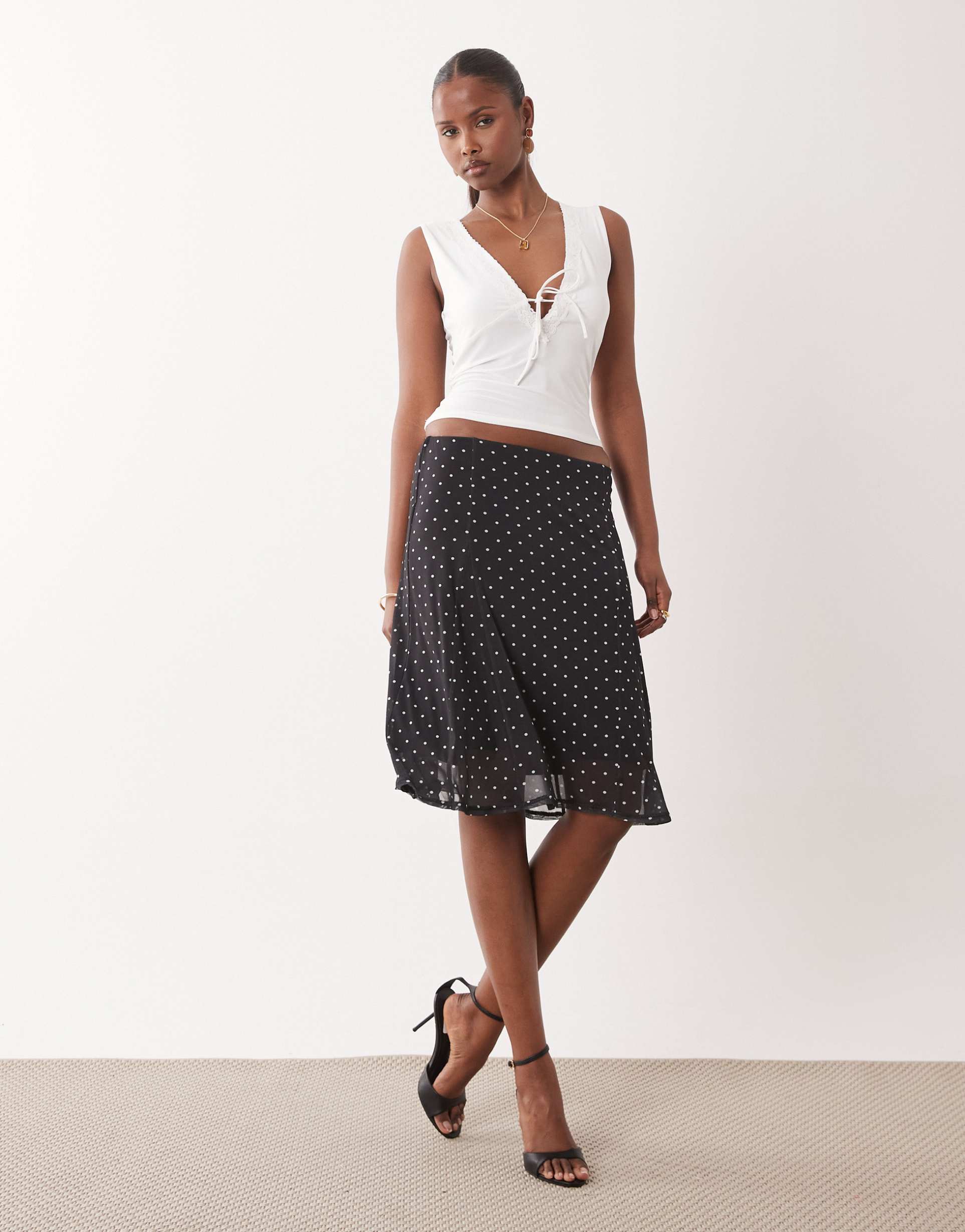 asos design low rise mesh midi pencil skirt with godets in mono polka dot print - part of a set
