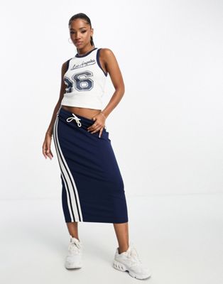 ASOS DESIGN low rise midi skirt co-ord with white stripe in navy  - ASOS Price Checker