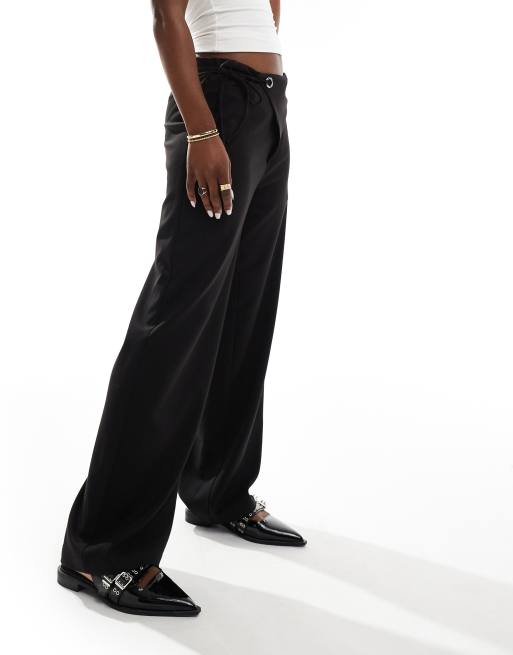 ASOS DESIGN low rise pants with eyelet tie waist detail in black