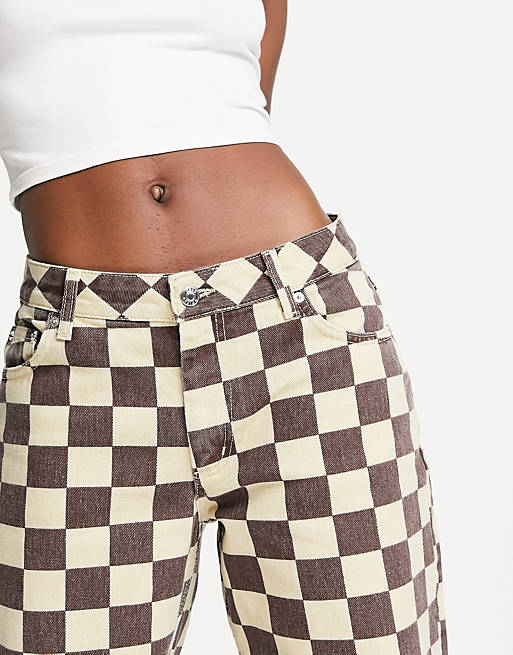 Women low rise 'relaxed' dad jeans in brown check print 