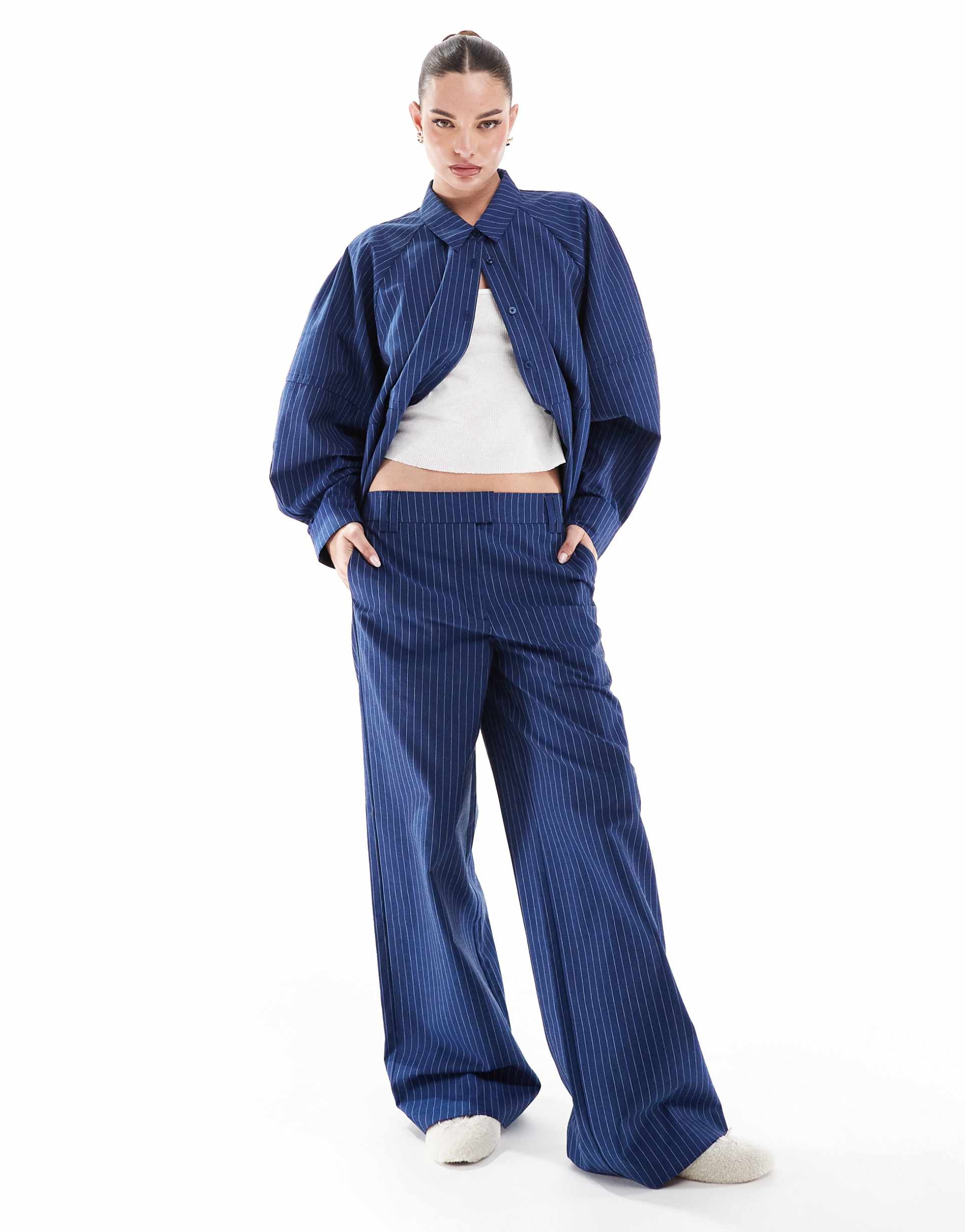 asos design low rise relaxed pants in blue stripe - part of a set