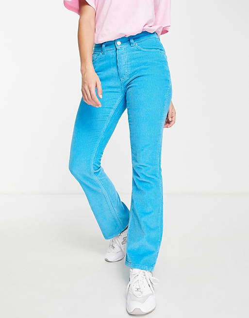 Women low rise rigid flared jeans in blue cord 