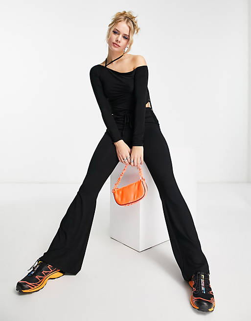 ASOS DESIGN low rise ruched flare pants in black