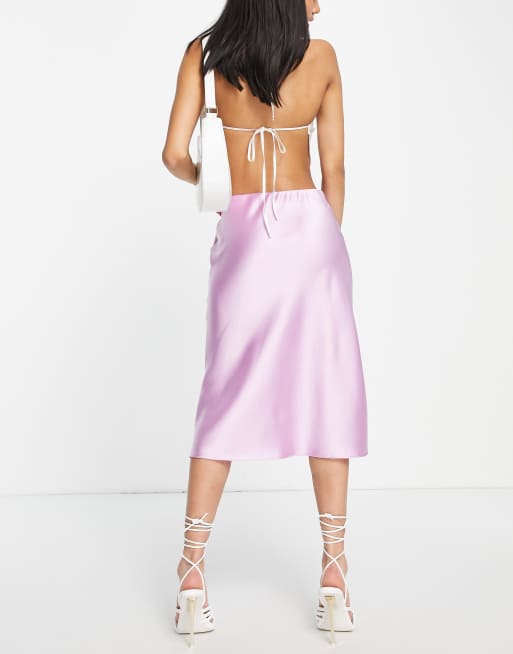 ASOS DESIGN low rise satin bias midi skirt in lilac, 2 of 4